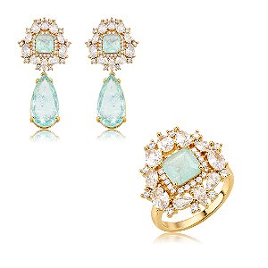 Conjunto de brinco e anel de luxo cravejado de zircônia cristal e pedra fusion acqua banho em ouro 18k