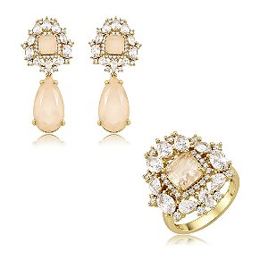 Conjunto de brinco e anel de luxo cravejado de zircônia cristal e pedra fusion morganita banho em ouro 18k