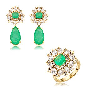 Conjunto de brinco e anel de luxo cravejado de zircônia cristal e pedra fusion esmeralda banho em ouro 18k