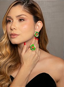 Conjunto de brinco e anel de flor esmaltado com pedra fusion coral banho em ouro 18k