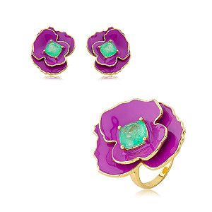Conjunto de brinco e anel de flor esmaltado com pedra fusion turmalina banho em ouro 18k