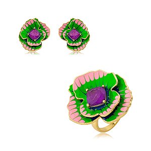 Conjunto de brinco e anel de flor esmaltado com pedra fusion ametista banho em ouro 18k