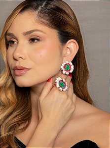Conjunto de brinco e anel de flor esmaltado com pedra fusion esmeralda banho em ouro 18k