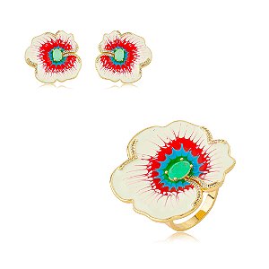 Conjunto de brinco e anel de flor esmaltado com pedra fusion turmalina banho em ouro 18k