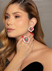 Conjunto de brinco e anel de flor esmaltado com pedra fusion turmalina banho em ouro 18k