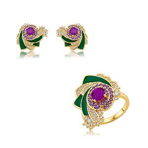 Conjunto de brinco e anel esmaltado com zircônia cristal e pedra fusion ametista banho em ouro 18k