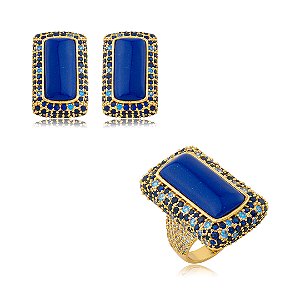 Conjunto de brinco e anel esmaltado cravejado de zircônia safira banho em ouro 18k