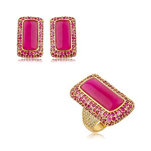 Conjunto de brinco e anel esmaltado cravejado de zircônia pink banho em ouro 18k