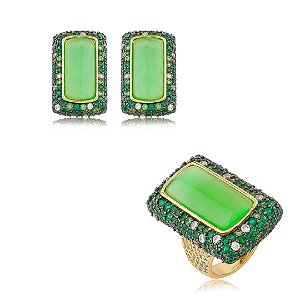 Conjunto de brinco e anel esmaltado cravejado de zircônia esmeralda banho em ouro 18k