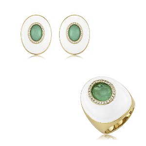 Conjunto de brinco e anel esmaltado cravejado zircônia e pedra fusion turmalina banho em ouro 18k