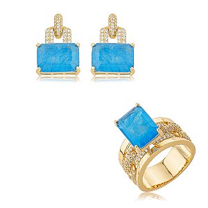 Conjunto de brinco e anel cravejado zircônia cristal e pedra fusion topázio banho em ouro 18k
