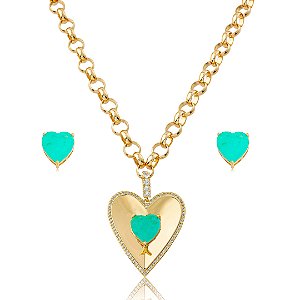 Conjunto de brinco e colar de coração cravejado de zircônia e pedra fusion turmalina banho em ouro 18k