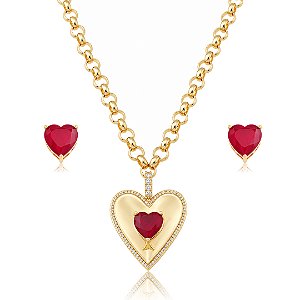Conjunto de brinco e colar de coração cravejado de zircônia e pedra fusion rubi banho em ouro 18k