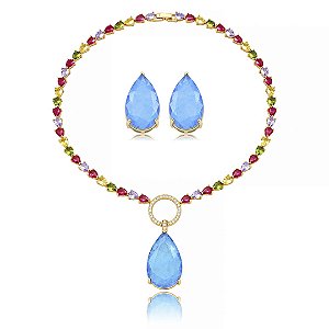 Conjunto de brinco e colar luxo cravejado de zircônia colorida e pedra fusion topázio banho em ouro 18k