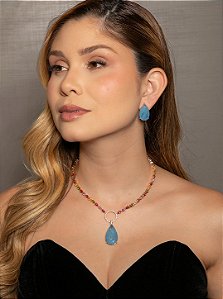 Conjunto de brinco e colar luxo cravejado de zircônia colorida e pedra fusion topázio banho em ouro 18k