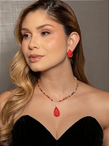Conjunto de brinco e colar luxo cravejado de zircônia colorida e pedra fusion coral banho em ouro 18k