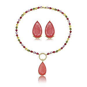 Conjunto de brinco e colar luxo cravejado de zircônia colorida e pedra fusion coral banho em ouro 18k