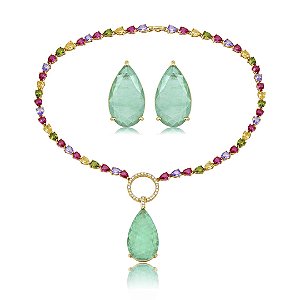 Conjunto de brinco e colar luxo cravejado de zircônia colorida e pedra fusion turmalina banho em ouro 18k