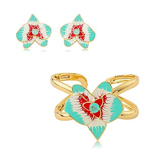 Conjunto de brinco e bracelete esmaltado com pedra fusion turmalina banho em ouro 18k