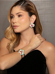 Conjunto de brinco e bracelete esmaltado com pedra fusion turmalina banho em ouro 18k