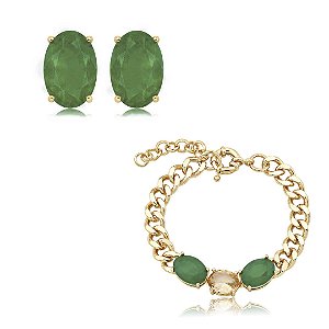 Conjunto de brinco e pulseira com zircônia morganita e pedra fusion esmeralda banho em ouro 18k