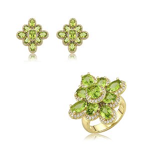 Conjunto de brinco e anel cravejado zircônia cristal e peridoto banho em ouro 18k