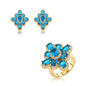 Conjunto de brinco e anel cravejado zircônia cristal e topázio banho em ouro 18k