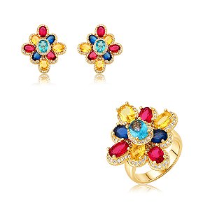 Conjunto de brinco e anel cravejado zircônia cristal e colorida banho em ouro 18k