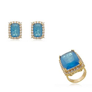 Conjunto de brinco e anel cravejado zircônia cristal e pedra fusion topázio banho em ouro 18k