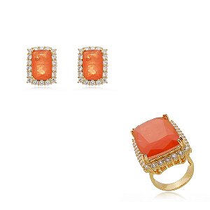 Conjunto de brinco e anel cravejado zircônia cristal e pedra fusion coral banho em ouro 18k