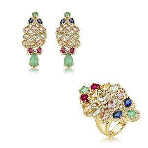 Conjunto de brinco e anel luxo cravejado de zircônia colorida com pedra fusion turmalina banho em ouro 18k