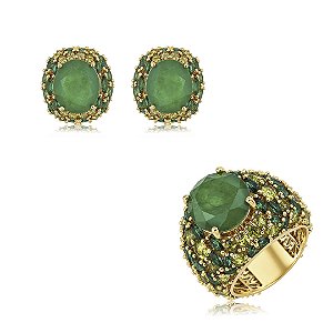 Conjunto de brinco e anel luxo cravejado de zircônia e pedra fusion esmeralda banho em ouro 18k