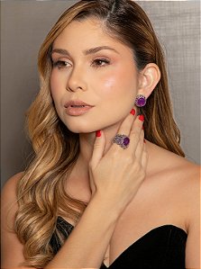 Conjunto de brinco e anel luxo cravejado de zircônia e pedra fusion ametista banho em ouro 18k