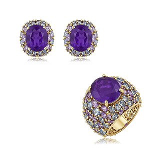 Conjunto de brinco e anel luxo cravejado de zircônia e pedra fusion ametista banho em ouro 18k