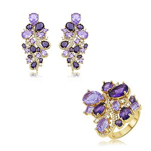 Conjunto de brinco e anel luxo cravejado de zircônia cristal e ametista banho em ouro 18k