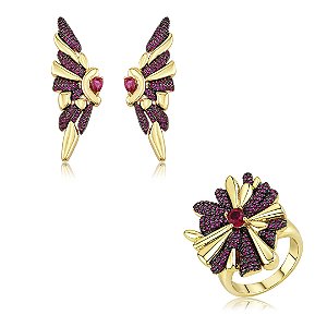 Conjunto de brinco e anel cravejado de zircônia pink banho em ouro 18k