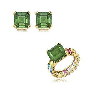 Conjunto de brinco e anel cravejado de zircônia colorida com pedra fusion esmeralda banho em ouro 18k