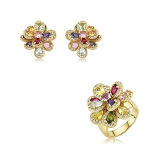 Conjunto de brinco e anel flor cravejado de zircônia colorida banho em ouro 18k