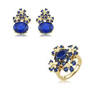 Conjunto de brinco e anel flor cravejado de zircônia e pedra fusion safira banho em ouro 18k