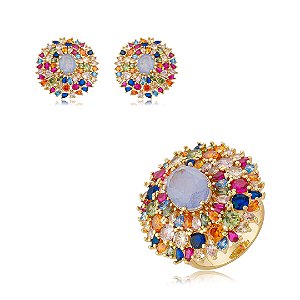 Conjunto de brinco e anel cravejado de zircônia colorida e pedra fusion ametista banho em ouro 18k