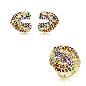 Conjunto de brinco e anel luxo cravejado de zircônia colorida banho em ouro 18k