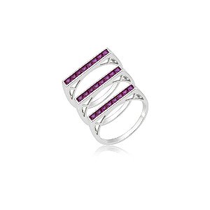 Trio de anéis cravejado de zircônia pink banho em ródio branco