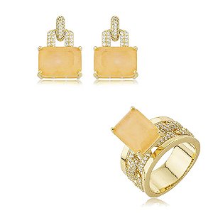 Conjunto de brinco e anel cravejado de zircônia cristal e pedra fusion morganita banho em ouro 18k