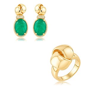 Conjunto de brinco e anel cravejado de zircônia cristal e pedra fusion esmeralda banho em ouro 18k