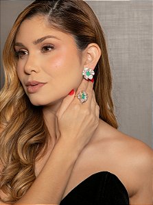 Conjunto de brinco e anel cravejado flor de zircônia cristal e pedra fusion turmalina banho em ouro 18k