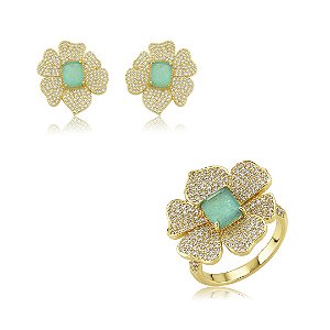 Conjunto de brinco e anel cravejado flor de zircônia cristal e pedra fusion turmalina banho em ouro 18k