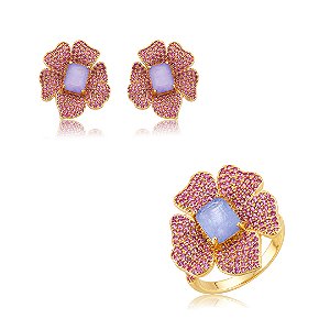 Conjunto de brinco e anel cravejado flor de zircônia e pedra fusion ametista banho em ouro 18k