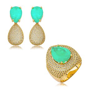 Conjunto de brinco e anel cravejado de zircônia cristal e pedra fusion turmalina banho em ouro 18k