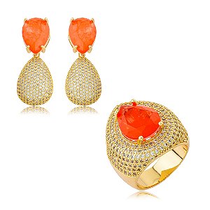 Conjunto de brinco e anel cravejado de zircônia cristal e pedra fusion coral banho em ouro 18k
