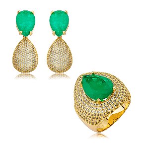 Conjunto de brinco e anel cravejado de zircônia cristal e pedra fusion esmeralda banho em ouro 18k